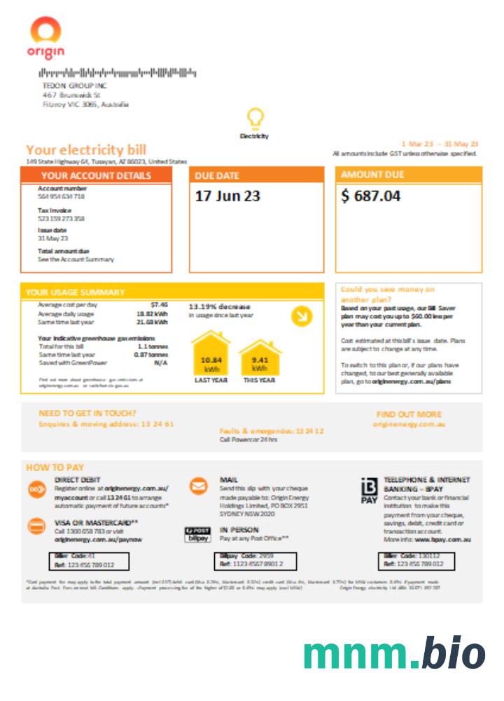 Nowa Południowa Walia (NSW) Origin electricity rachunek za usługi komunalne, strona 1